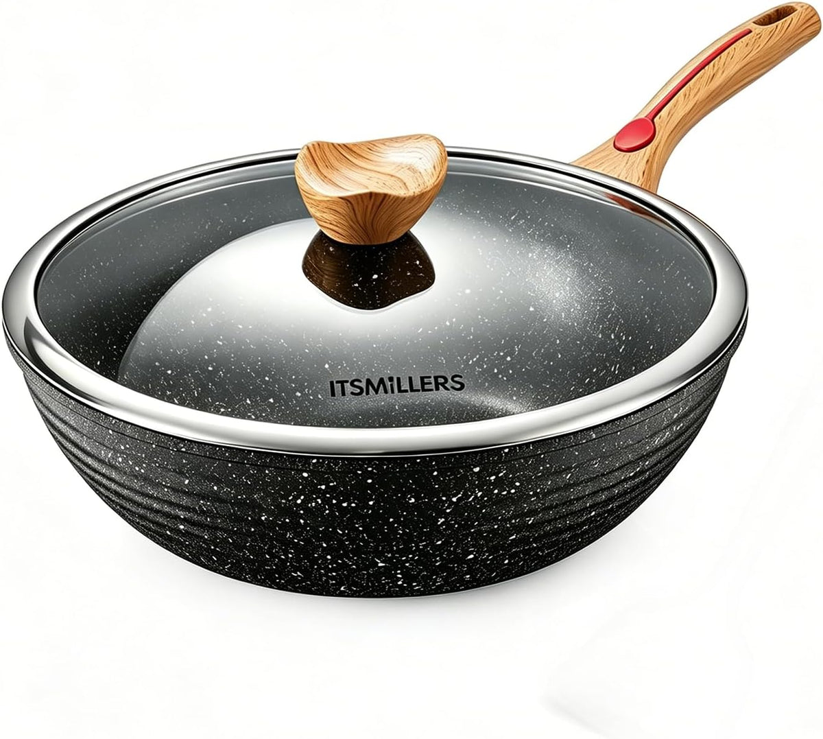 ITSMILLERS Nonstick Wok Aluminium Die-casting Chinese Wok, Scratch Resistant With Lid and Spatula, PFOA-Free, Dishwasher Safe & Induction Bottom,11.8 Inch,5QT,Large Capacity