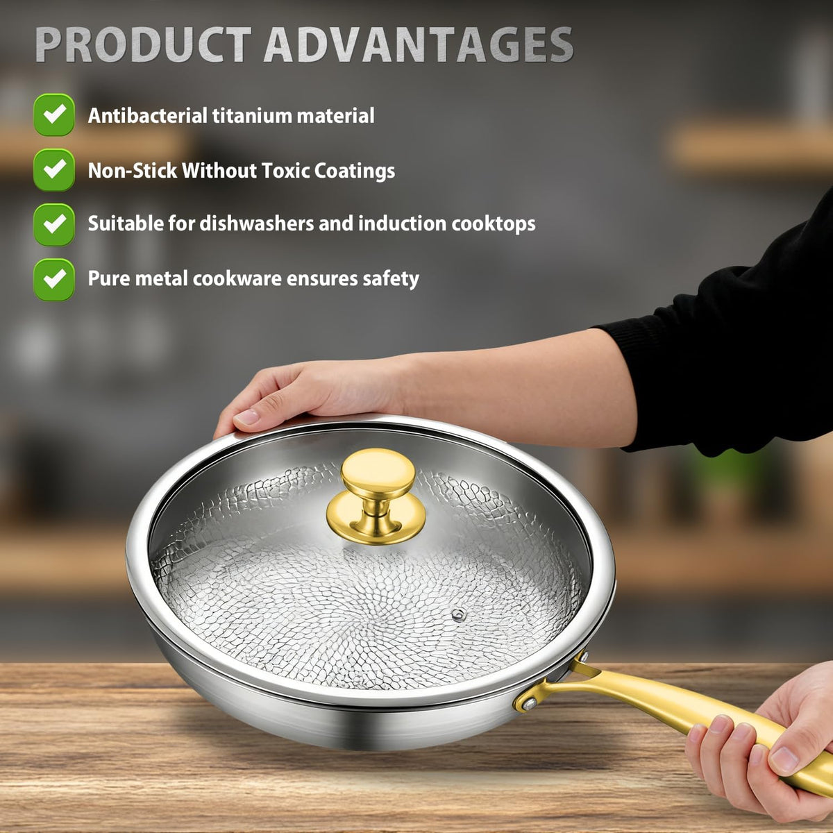 MGahyi 12 Inch Titanium Hammered Wok Pan Uncoated Skillet with Glass Lid
