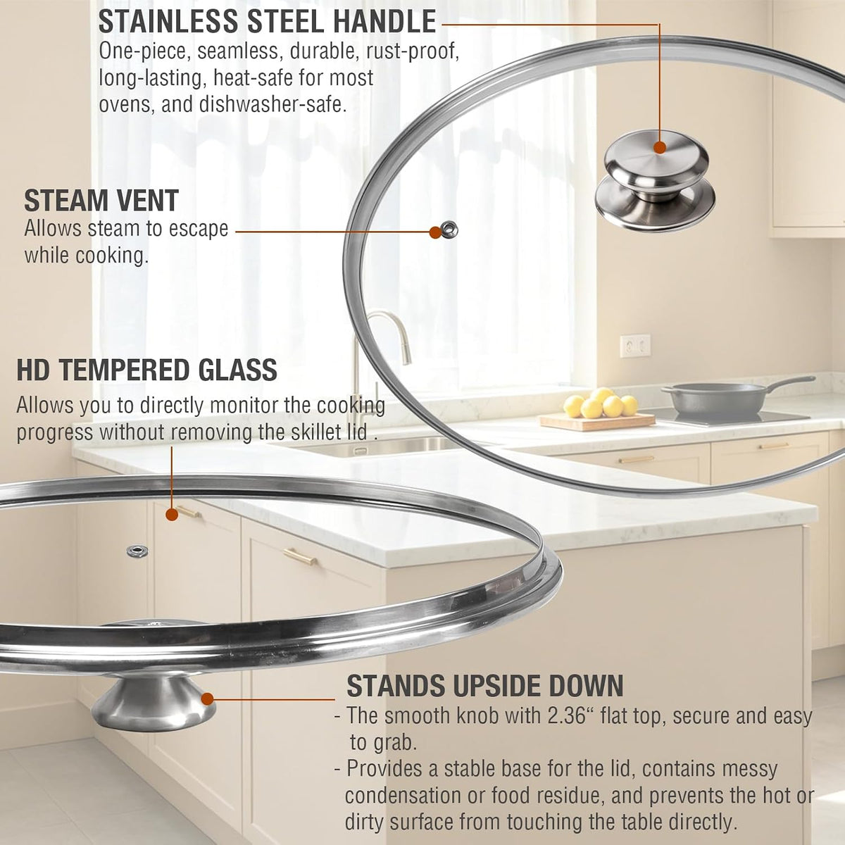 12 Inch Pan Lid - Tempered Glass Pot Lid, Stainless Steel Knob