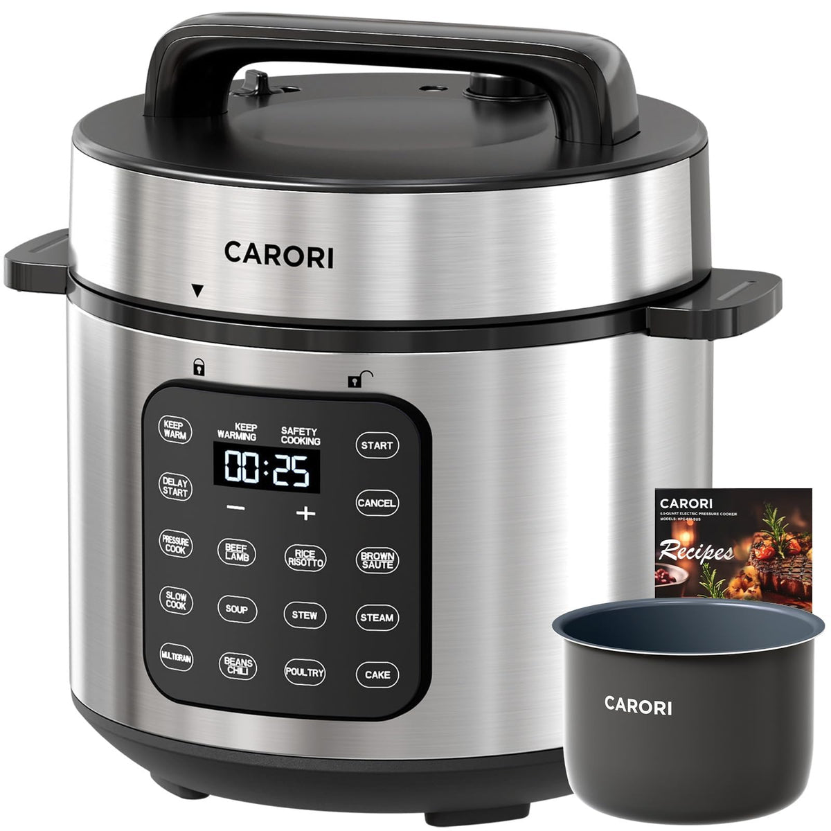 CARORI 3 Qt Electric Pressure Cooker, 8-in-1 Compact Multi-Cooker with Ceramic Nonstick Pot, 700W, Sauté, Slow Cook, Rice, Stew, Delay Start, Keep Warm, Gray
