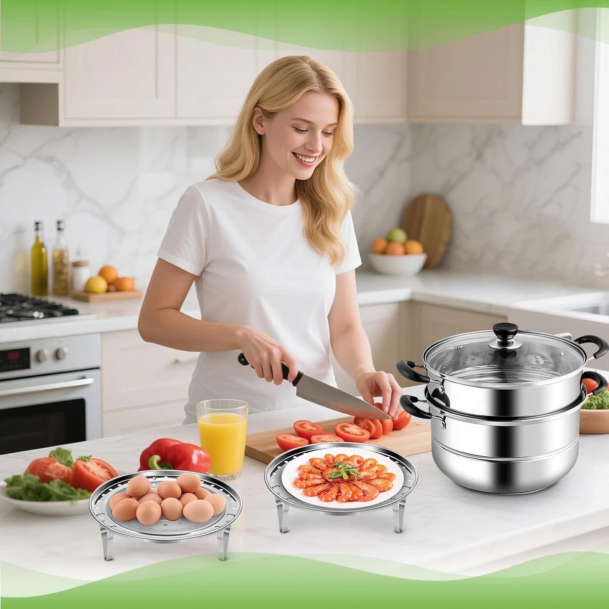 Steamer Rack for Cooking,Stainless Steel Steaming Rack,Steam Tray with Removable Legs for Instant Pressure Cooker Multi-functional Steamer Basket(Silver - 22cm)
