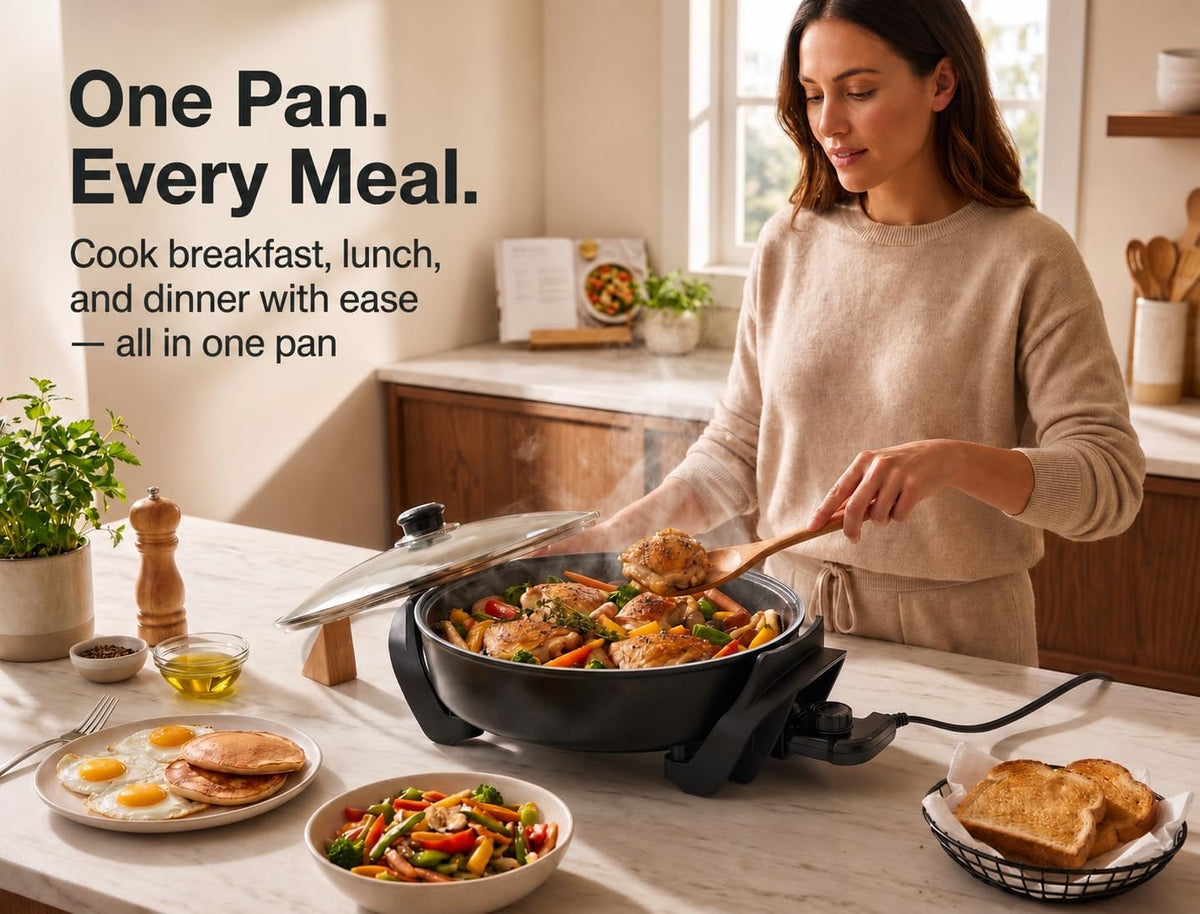 Moss & Stone Round Electric Skillet with Lid, 12-Inch Nonstick Frying Pan