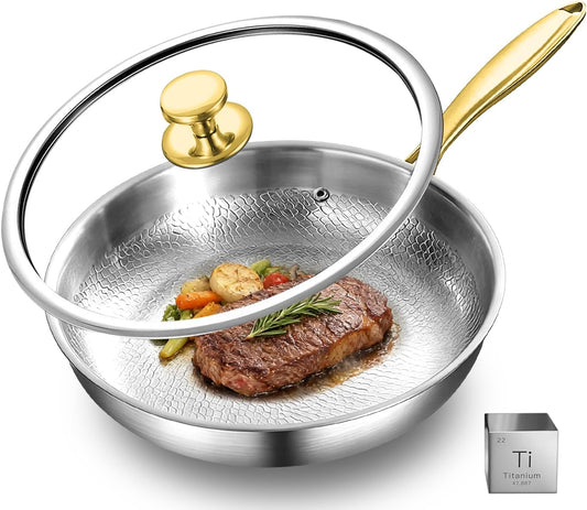 MGahyi 12 Inch Titanium Hammered Wok Pan Uncoated Skillet with Glass Lid