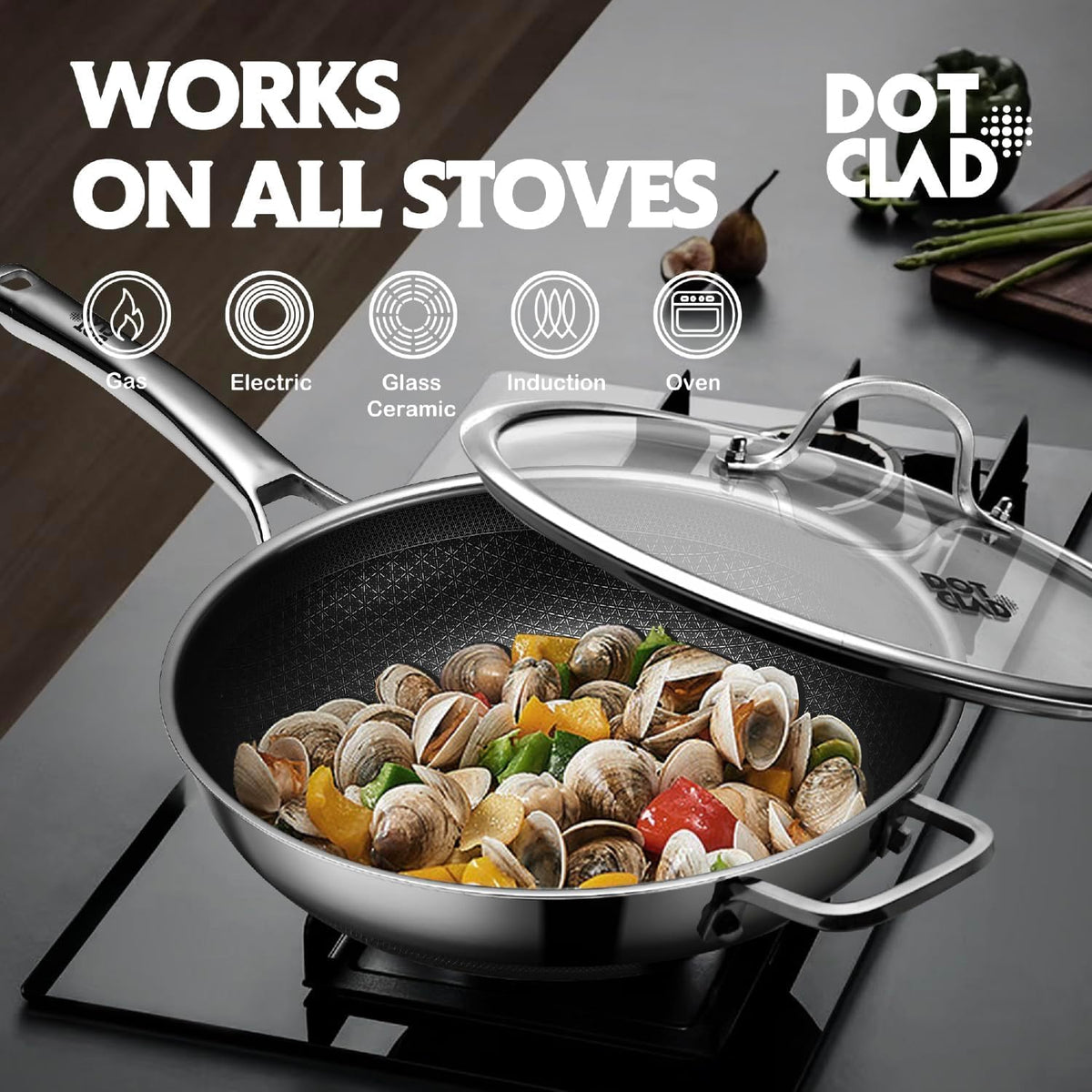 DOTCLAD 13 Inch Hybrid Stainless Steel Wok with Lid and Steamer Basket, Non Stick Stir Fry Pan, PFOA-Free, Works on Induction, Dishwasher & Oven Safe