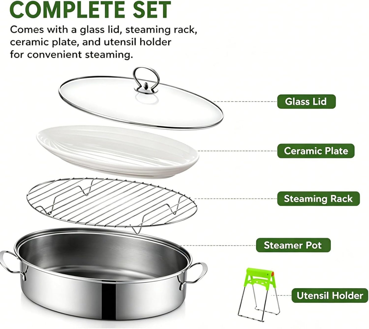 Stainless Steel Fish Steamer Set,Multi-Use Oval Steamer Pot with Glass Lid Rack, Ceramic Plate, Chuck, Steaming Pot for Fish, Oyster,Boiling Soup 15 x 9.8 inches