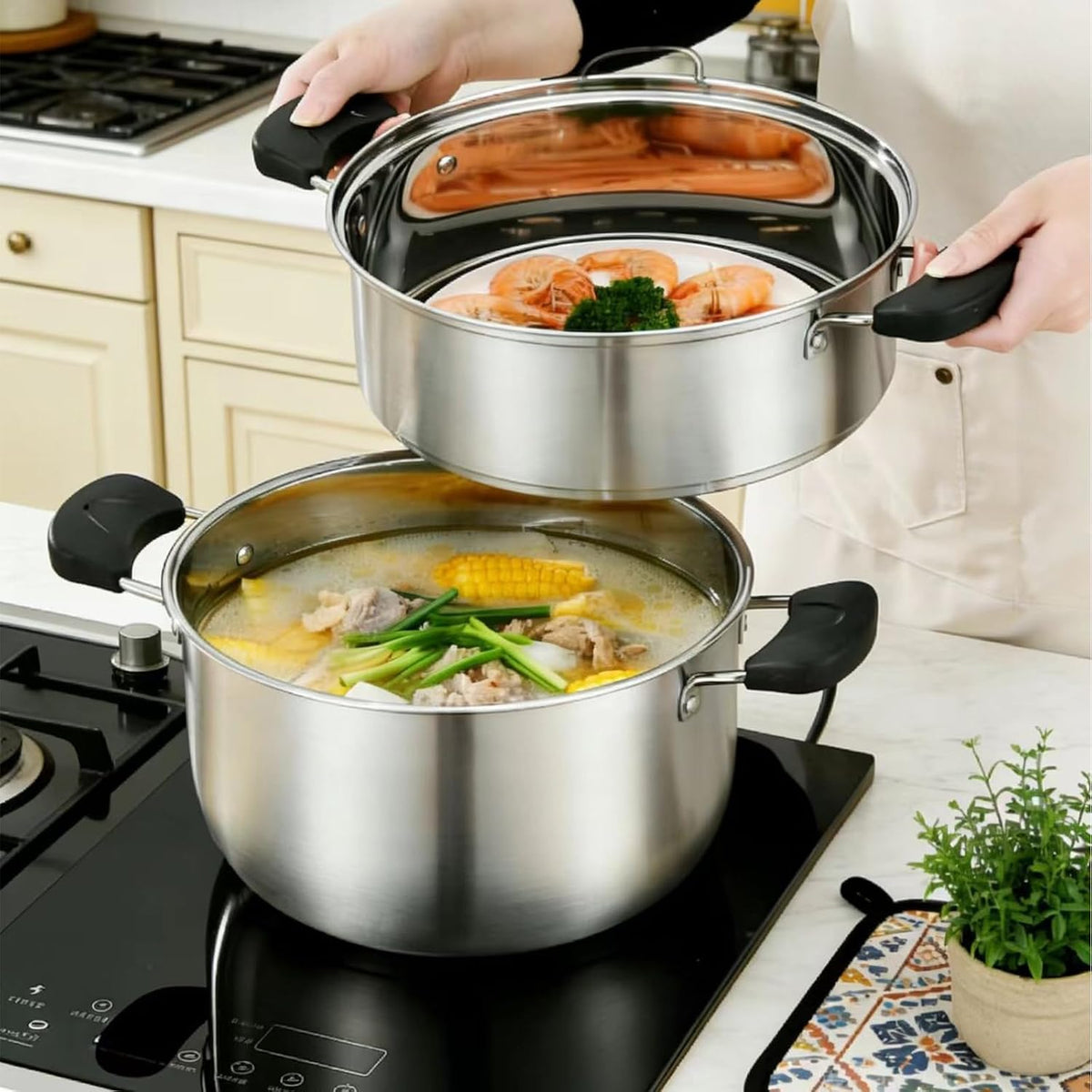 3.4QT Steamer for Cooking,Stainless Steel Steamer Pots with Vegetable Steam Basket,Glass Lid,Cooking Stock Pot with Handle for Vegetable, Dumplings, Soup, Food