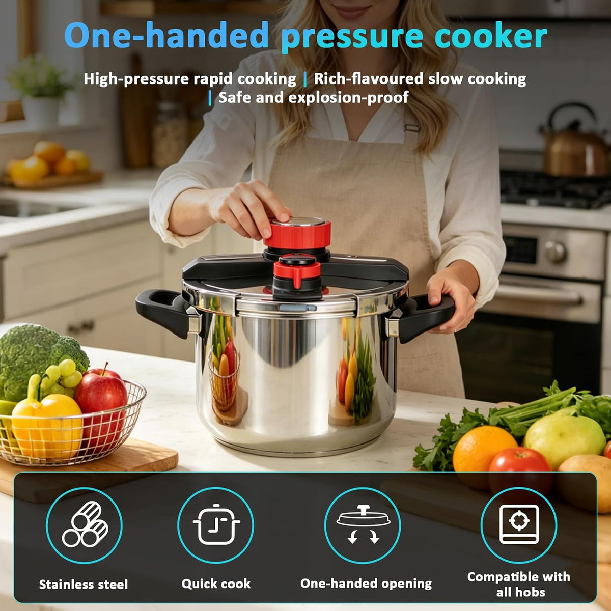 Pressure Cooker - 3-in-1 Stainless Steel Pressure Cooker Compatible With gas Stoves and Induction Cookers Featuring an easy-to-open Lid Safety Lock System and Adjustable pressure Valve