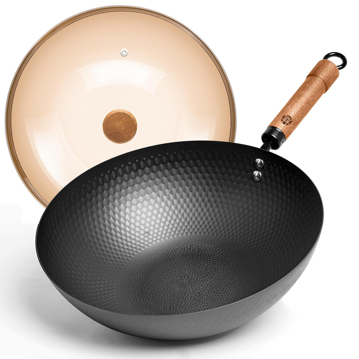 WANGYUANJI 9.5-Inch Carbon Steel Wok with Lid, Flat Bottom Stir Fry Pan