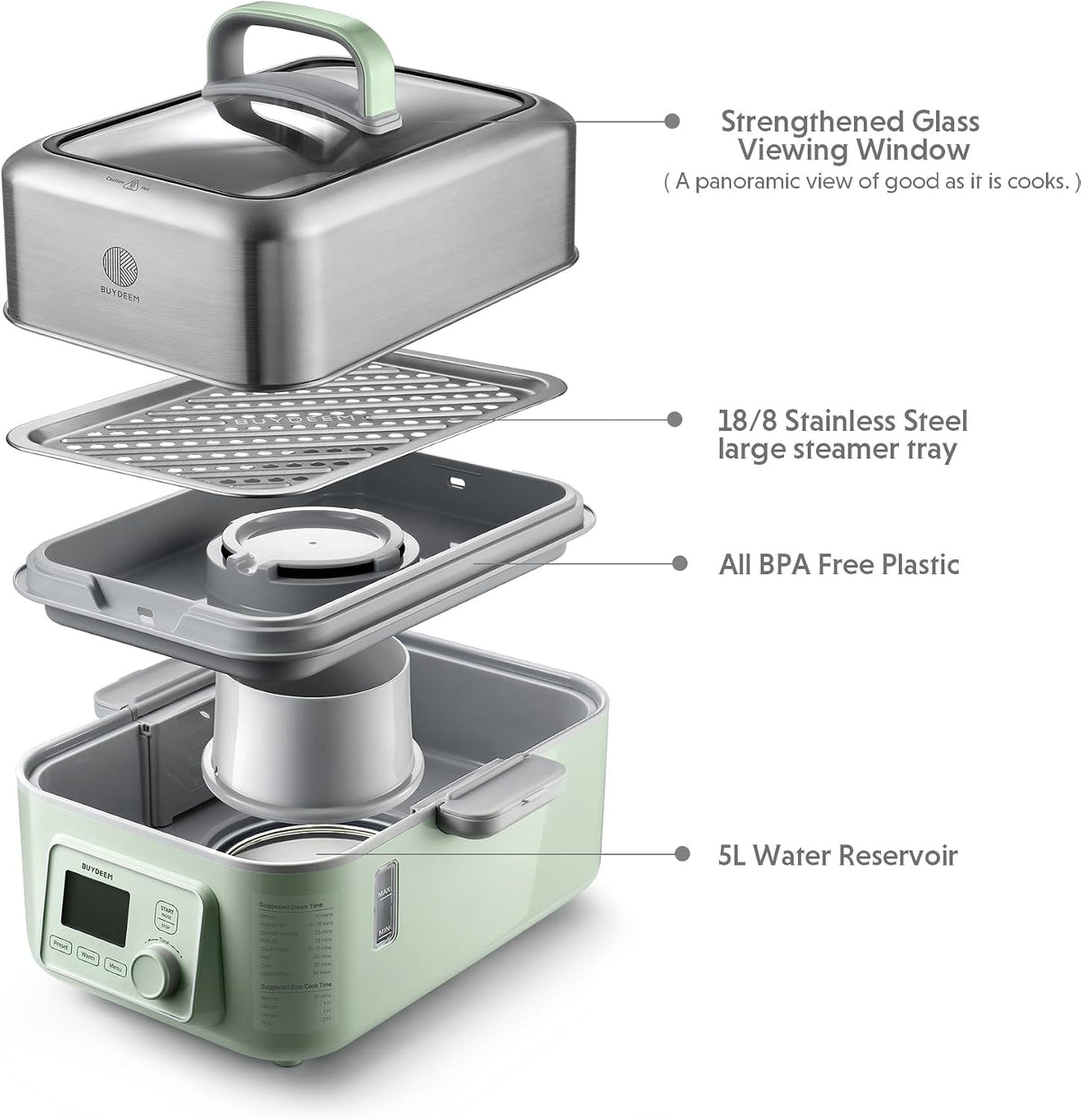 BUYDEEM G553 5.3Qt Electric Food Steamer, 18H Delay Timer, Dual Protection
