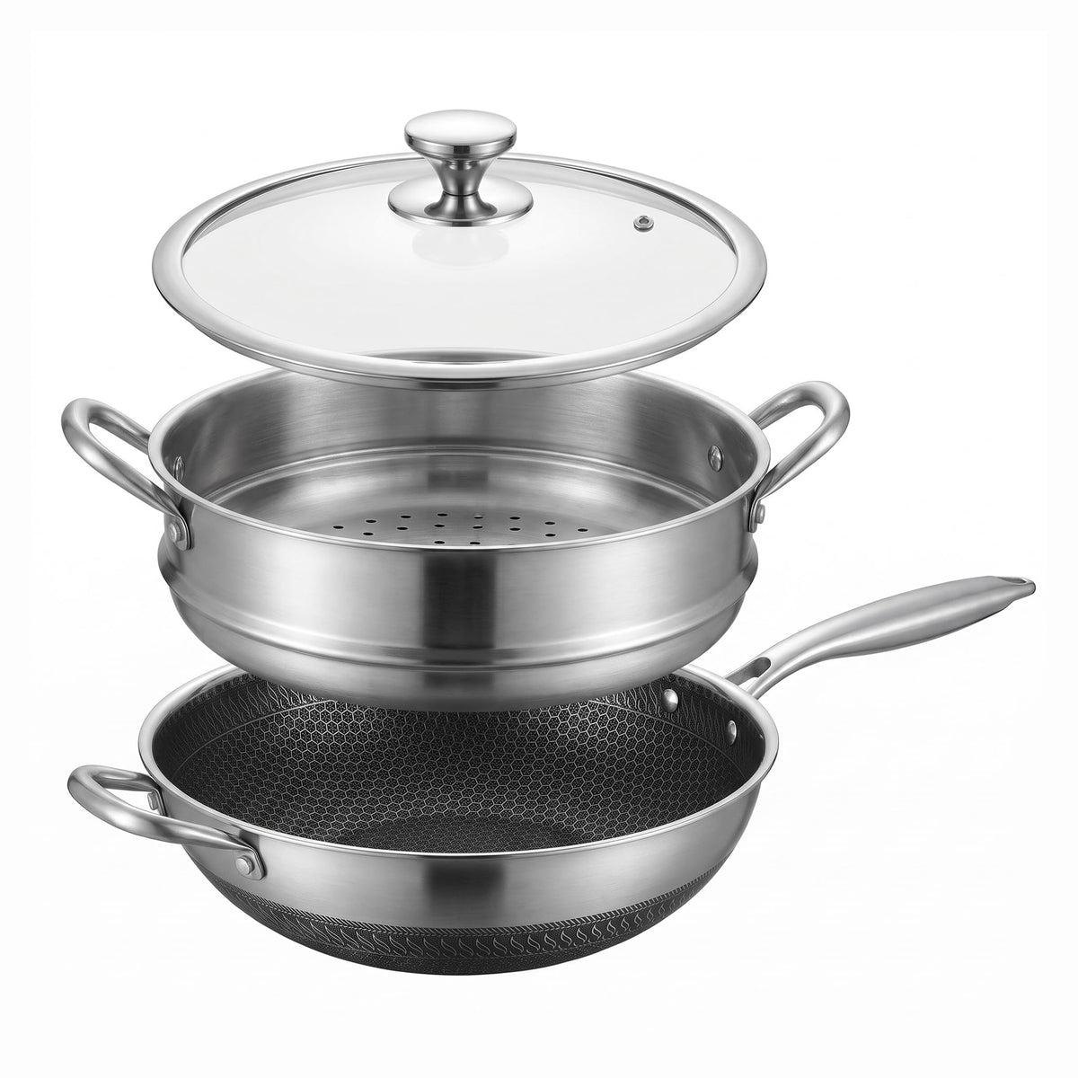 14" Honeycomb Non Stick Wok Pan Stainless Steel Stir-fry Wok with Lid,Skillet with Stay-cool Handle PFOA Free Suitable for Induction, Ceramic, Electric, and Gas Cooktops (Sliver, 14 Inches)