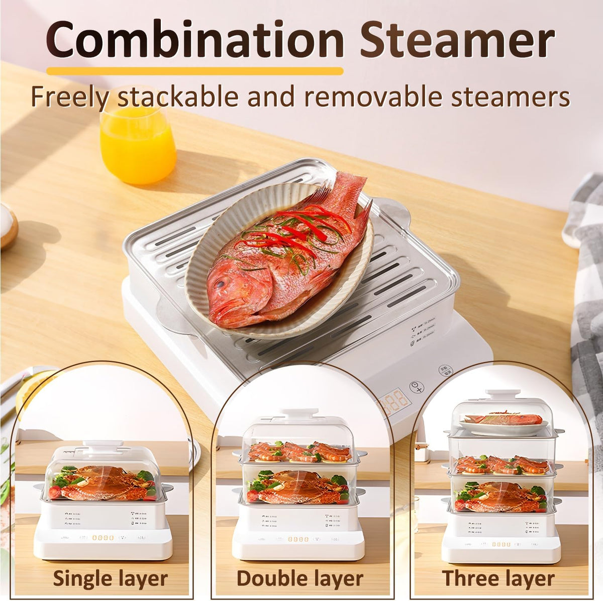 23QT Electric Food Steamer,3-Tier Seafood & Vegetable Steam Cooker