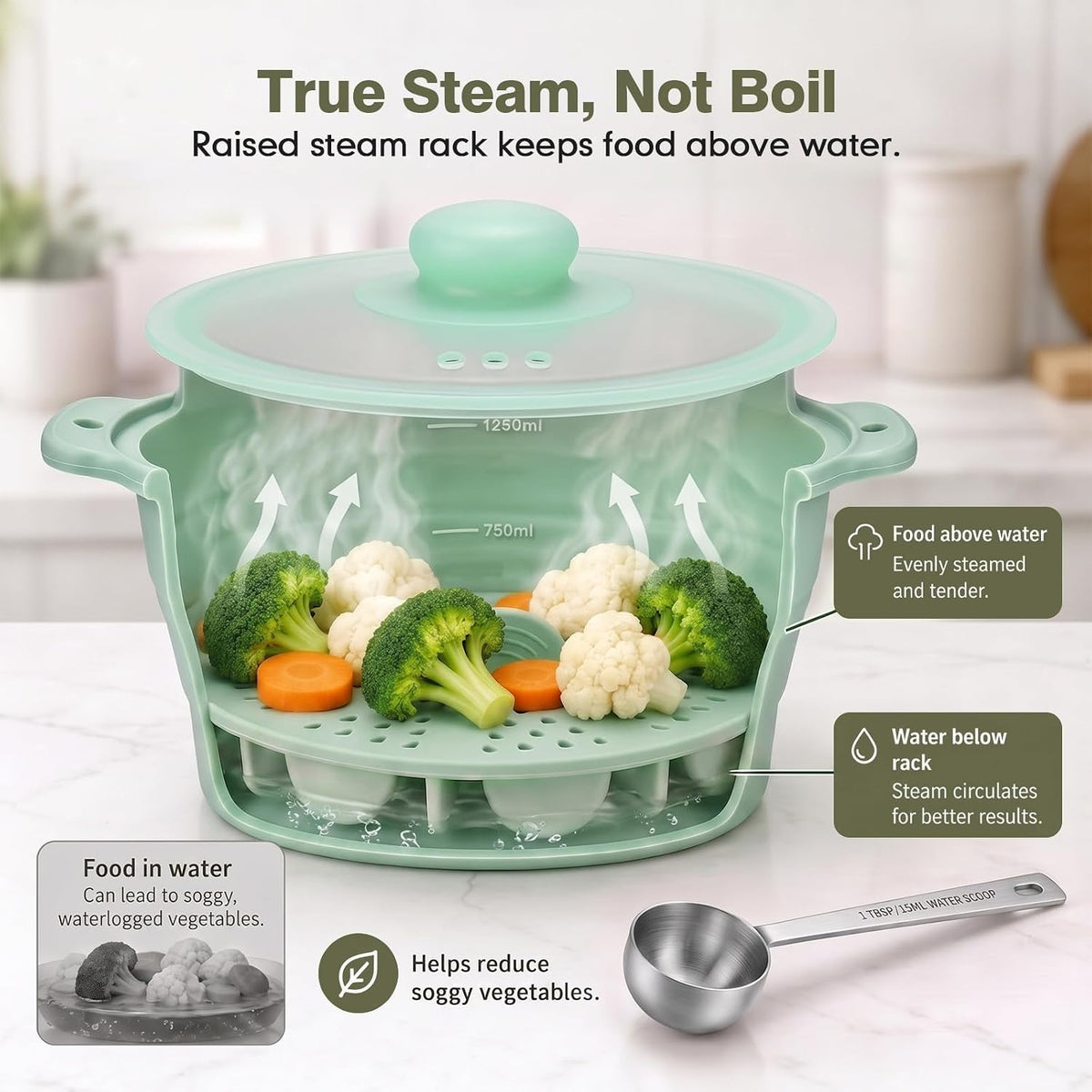 42oz Collapsible Silicone Microwave Steamer for Vegetables, Green