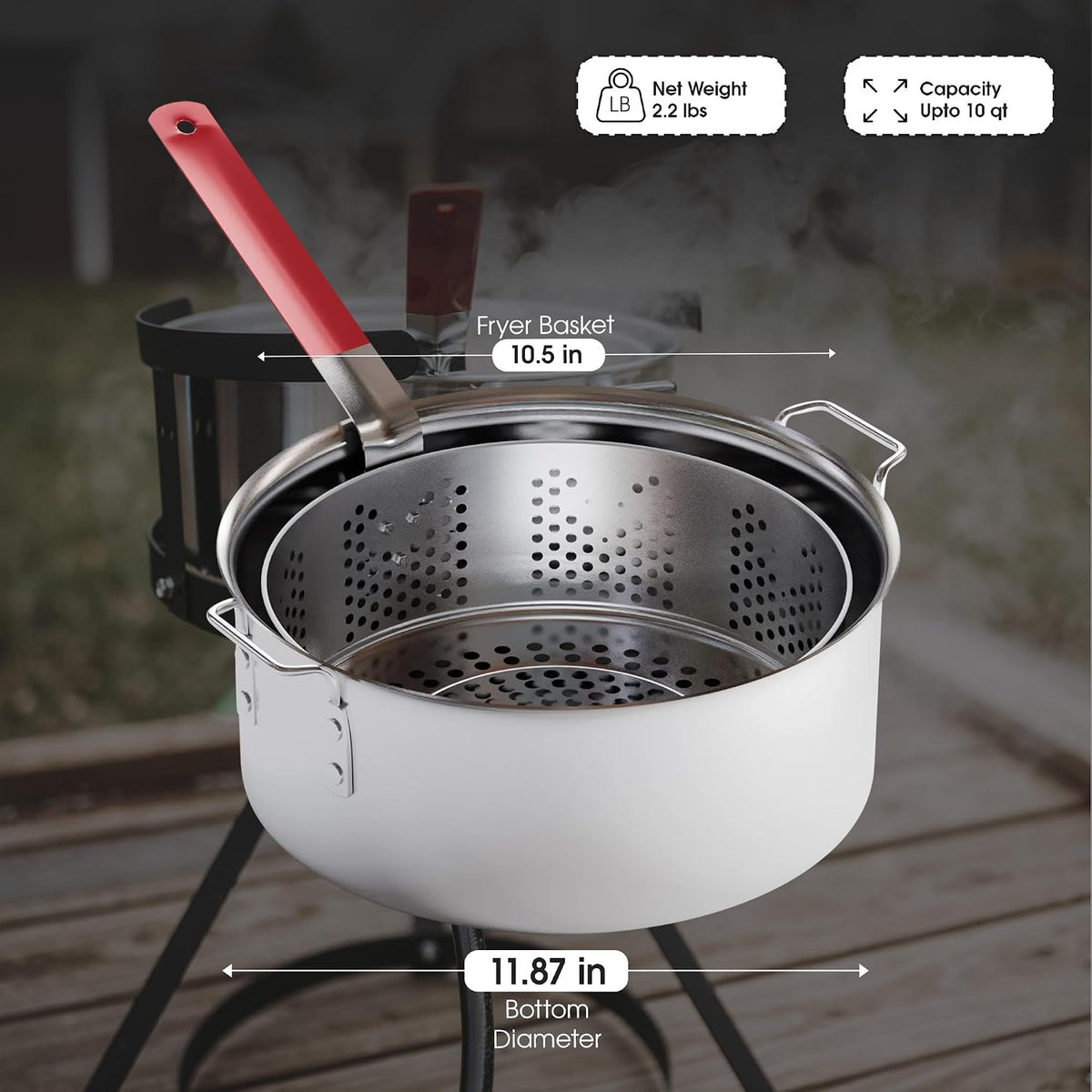 Gas One Aluminum Cooking Pot Deep Fryer with Basket – 10QT Aluminum Fry Pot with Easy Grip Handle – Durable Food Grade Outdoor Fryer with Perforated Strainer Basket – Ideal for Seafood, Chicken
