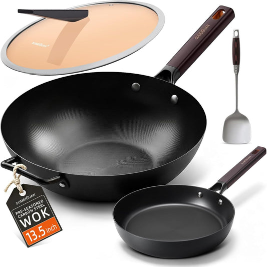 2-Pack Carbon Steel Wok Pan & Frying Pan Set, Induction Ready