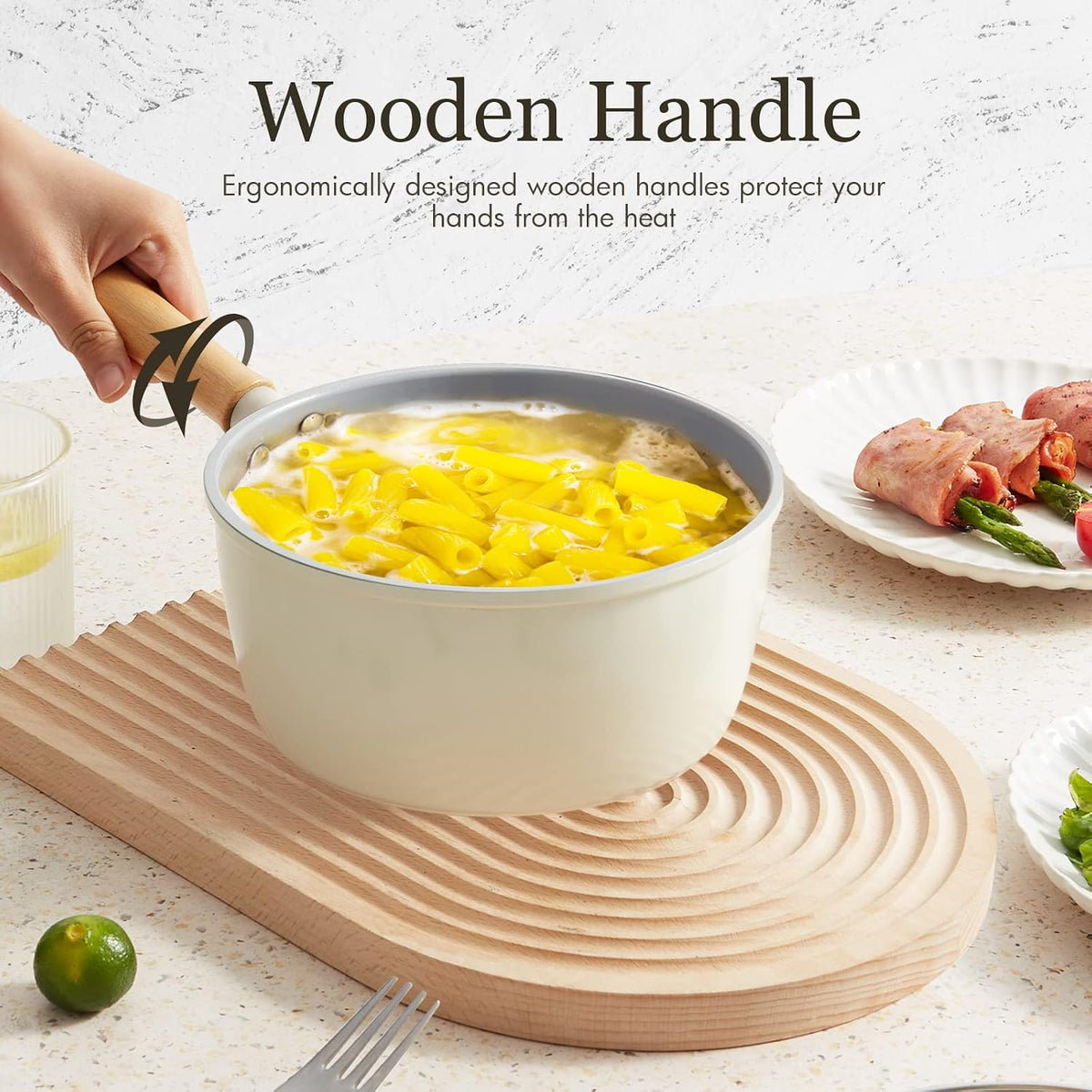 ROCKURWOK Non Stick Sauce Pan with Steamer, 2.5QT Small Pot, Beige White
