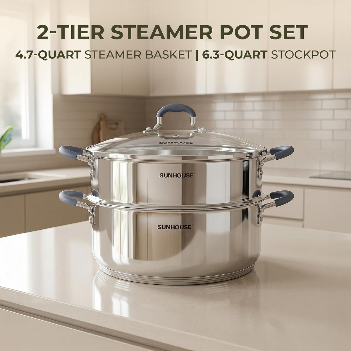 SUNHOUSE 6.3 QT Stainless Steel Steamer Pot for Cooking with Glass Lid