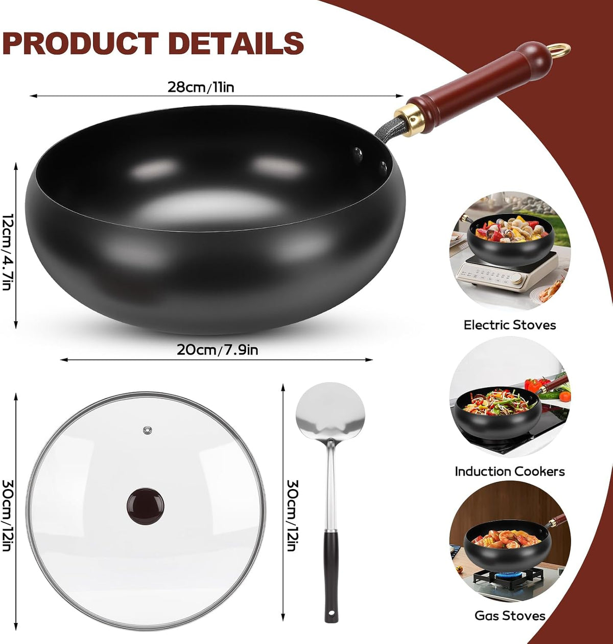 Gugxiom Suntuup Japanese Iron Pan, 28cm/11in Cast Iron Wok (Glass lid)