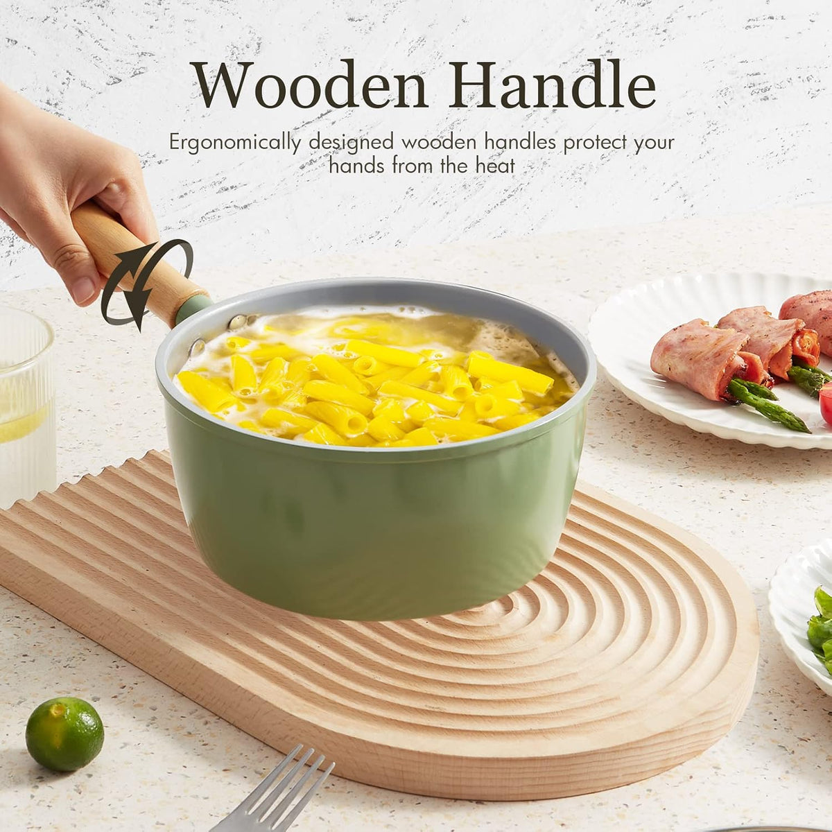 ROCKURWOK Ceramic Nonstick Sauce Pan with Steamer, 2.5QT Cooking Pot, Green
