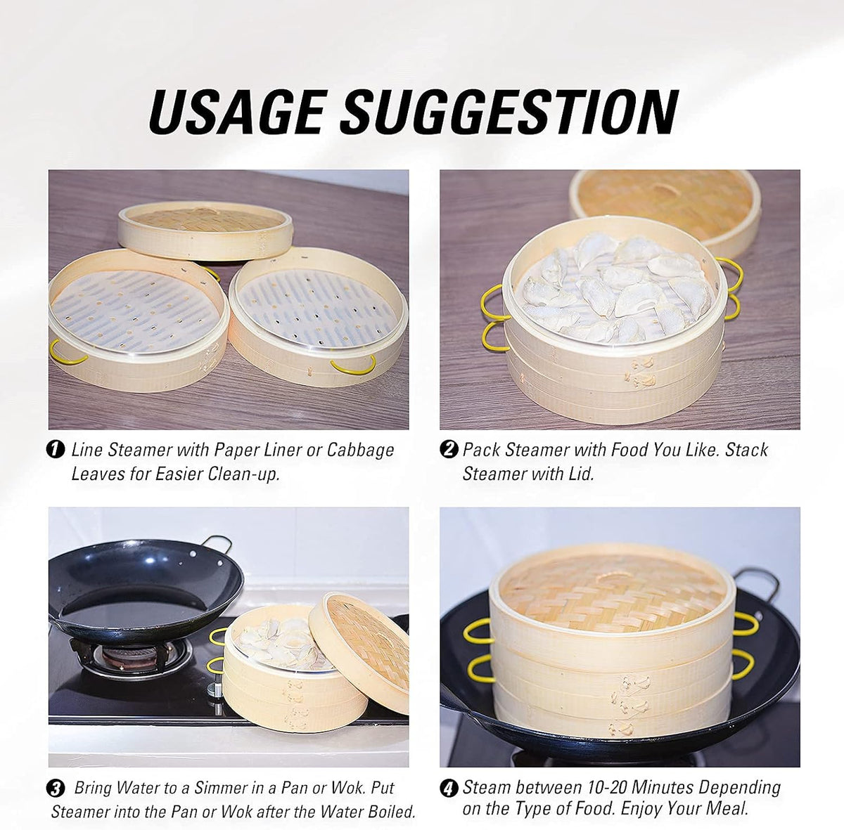 MacaRio 10 Inch Bamboo Steamer Basket Set Dumpling Steamer for Cooking