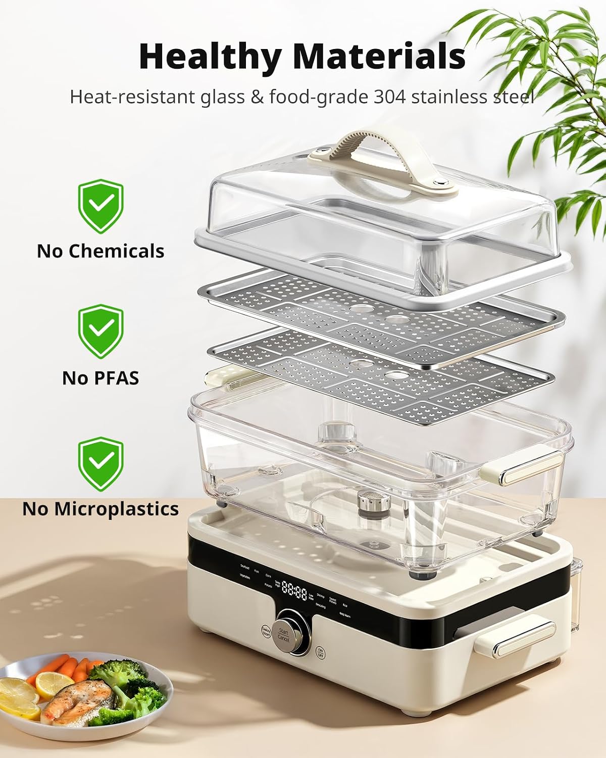 AIRMSEN Glass Food Steamer for Cooking | 8.5QT 2-Tier & External Water Tank