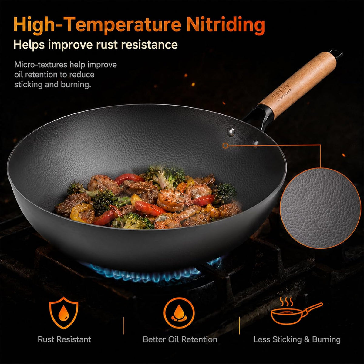 12.6 Inch Carbon Steel Wok Pan with Lid, 4.8 Qt Flat Bottom Stir Fry Pan with Self-Standing Glass Lid, Coating-Free Wood Handle Wok for Induction, Gas, Electric & Ceramic Stovetops