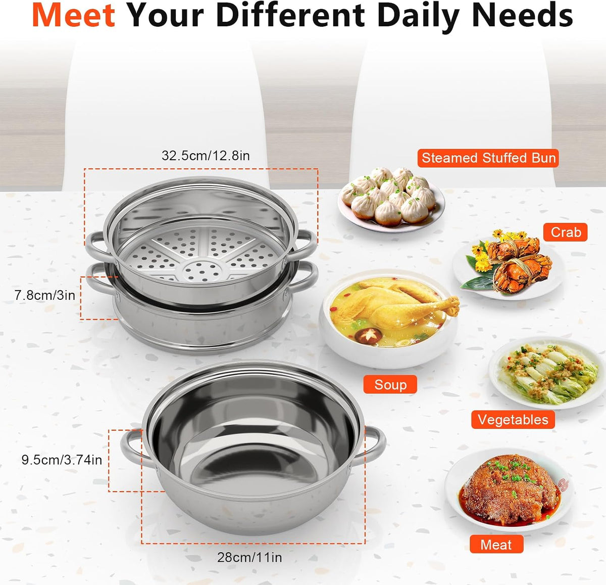 3-Tier Stainless Steel Steamer for Cooking, 28cm Multipurpose Food Steaming Cookware with Lid, Dishwasher for Seafood Vegetables Rice Compatible with Gas Electric Induction & Halogen Stoves