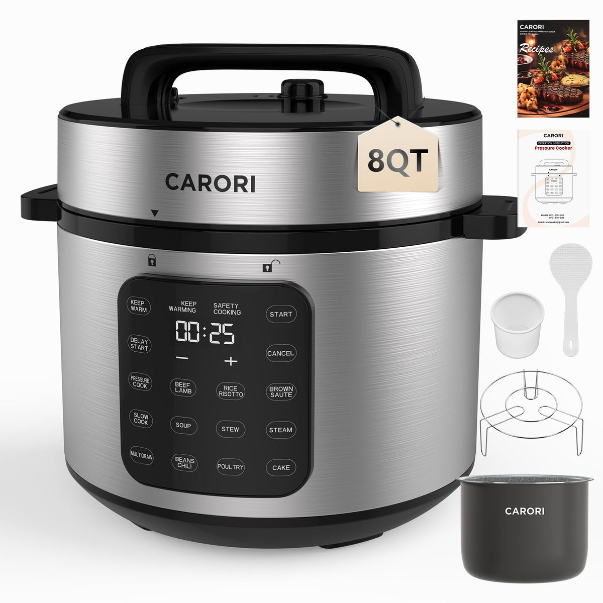 12-in-1 Electric Pressure Cooker 8 Quart, 1200W olla de presion Multi-Cooker with Stainless Steel Pot, Slow Rice Cooker, Saute, Steamer, Yogurt & Food Warmer, Delay Timer, Black