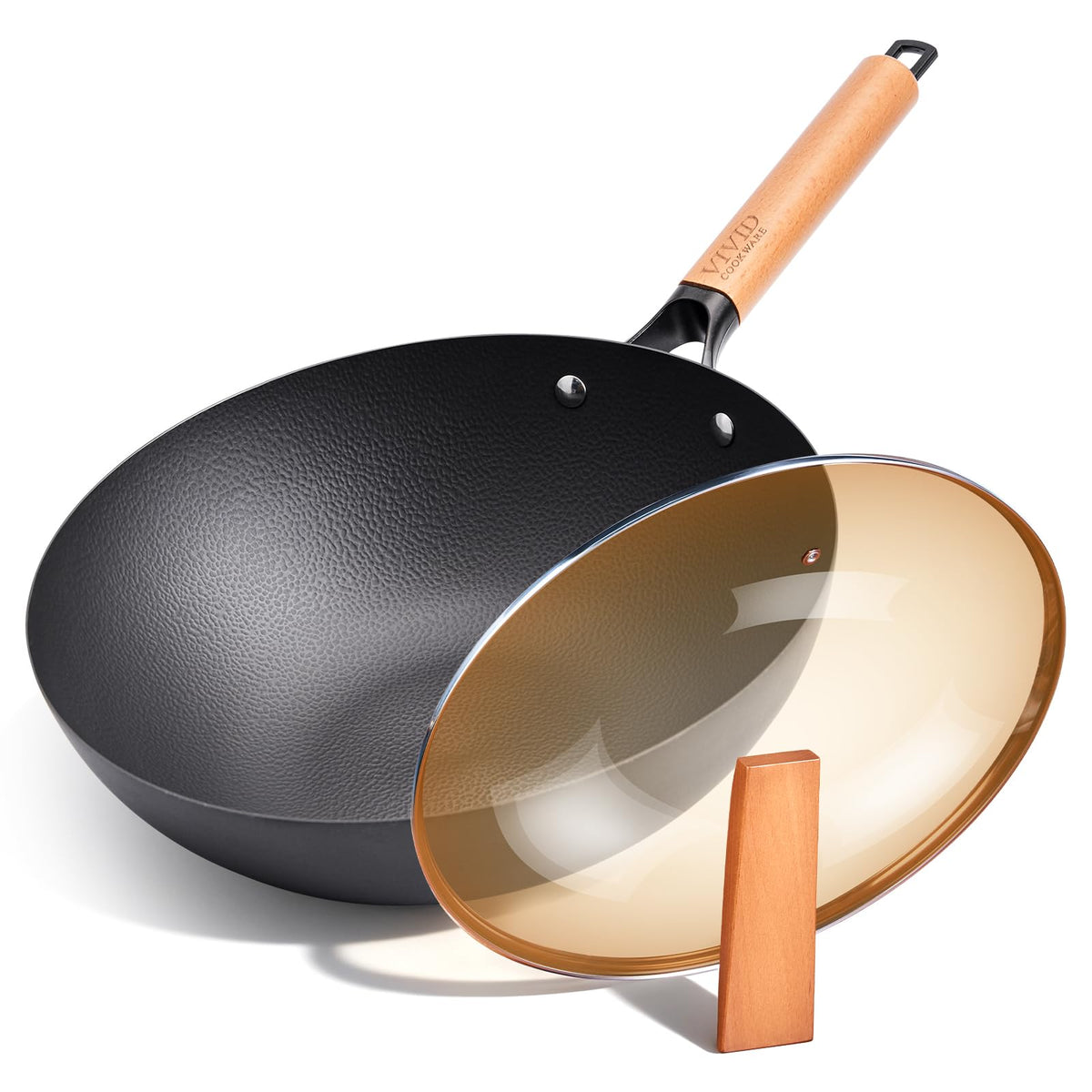 12.6 Inch Carbon Steel Wok Pan with Lid, 4.8 Qt Flat Bottom Stir Fry Pan with Self-Standing Glass Lid, Coating-Free Wood Handle Wok for Induction, Gas, Electric & Ceramic Stovetops