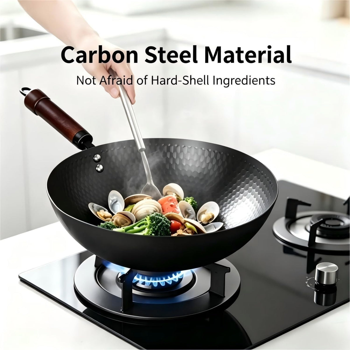 Amercook 12 Inch Carbon Steel Wok with Lid, Pre-Seasoned Flat Bottom Wok Pan, 5.5QT Nonstick Chinese Woks & Stir-Fry Pans for Induction, Gas, Electric Stovetop, Uncoated No Chemical (12.60-in)
