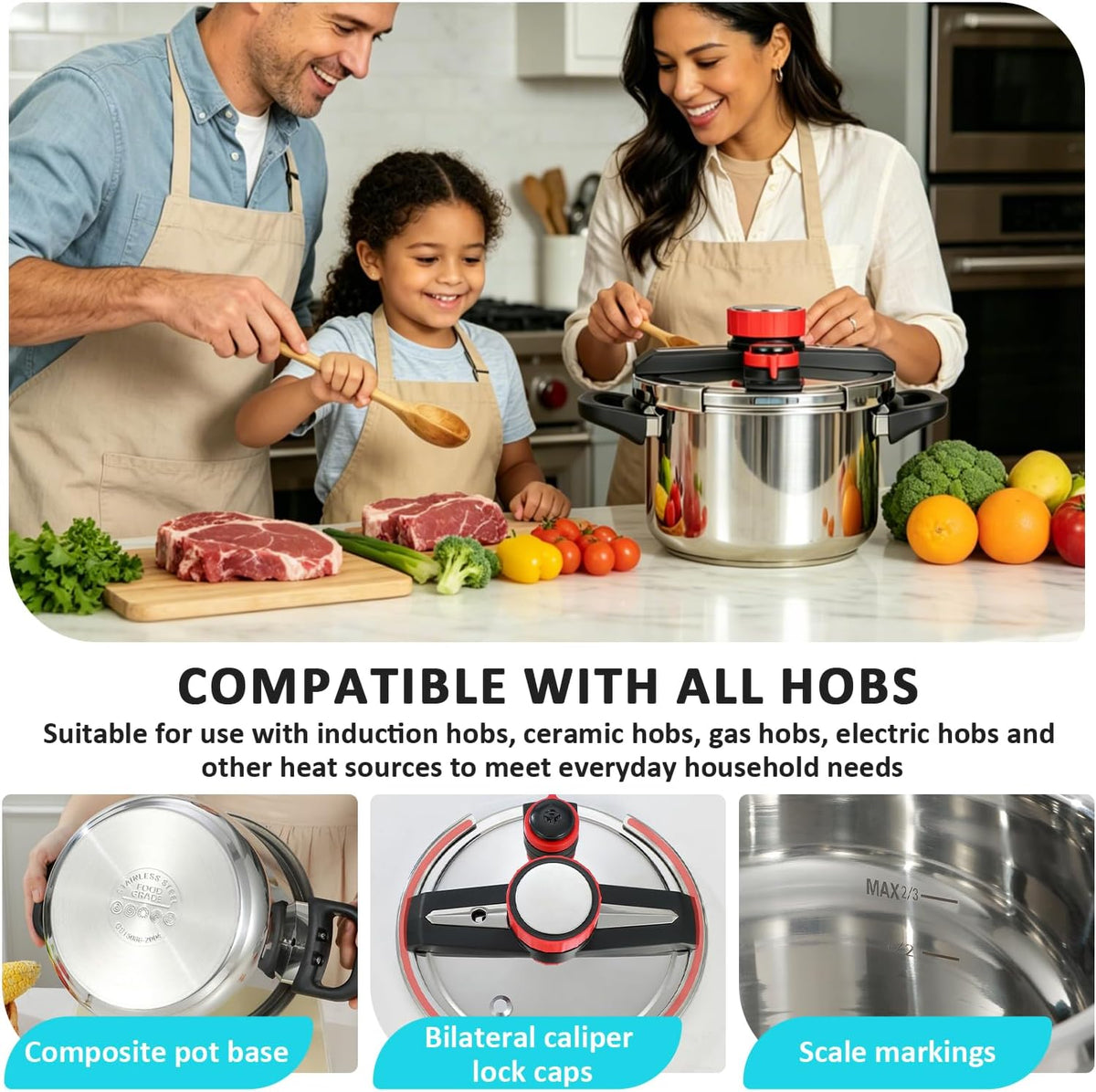 Pressure Cooker - 3-in-1 Stainless Steel Pressure Cooker Compatible With gas Stoves and Induction Cookers Featuring an easy-to-open Lid Safety Lock System and Adjustable pressure Valve