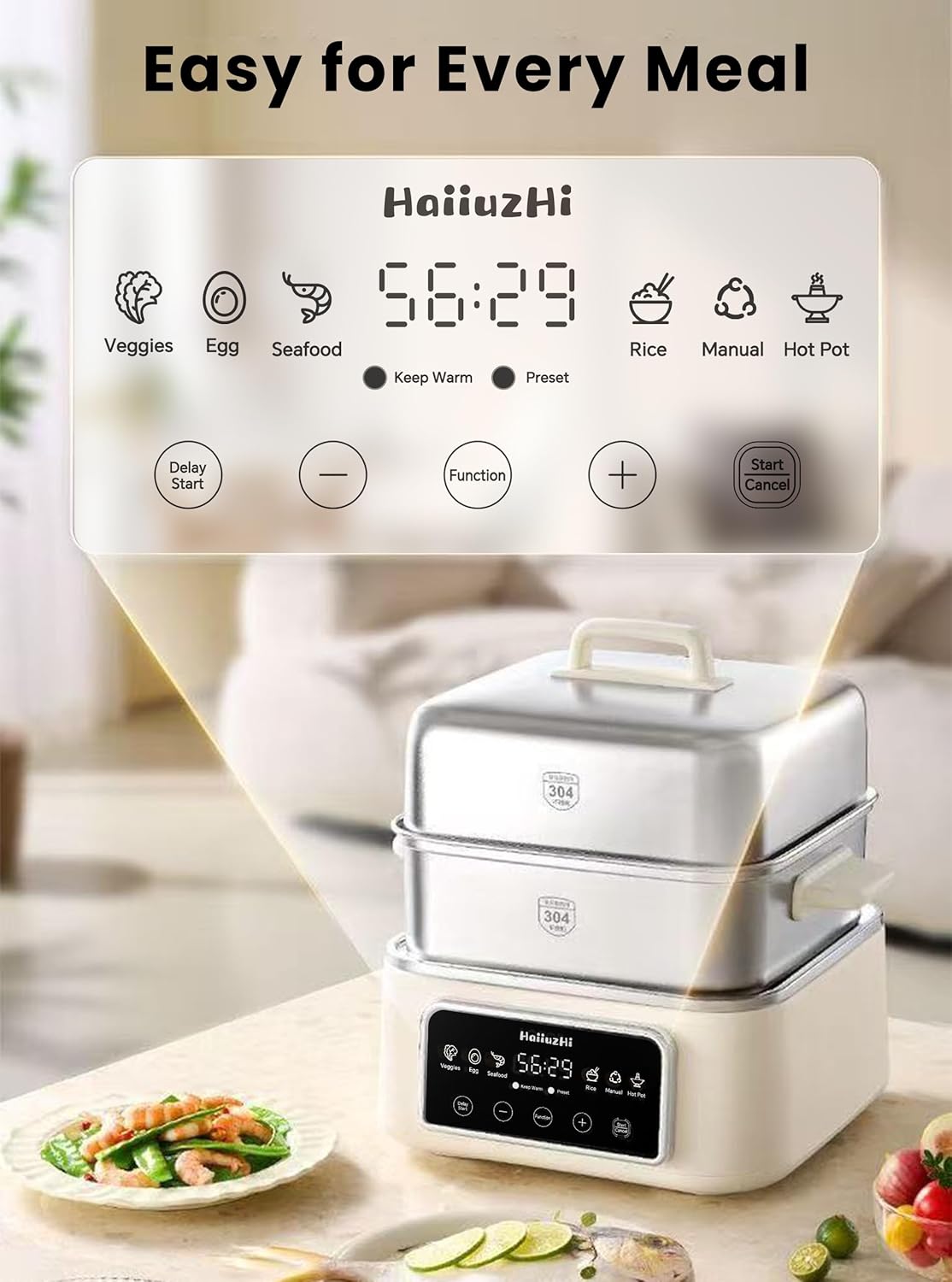 Electric Food Steamer 12.7 QT, Double-Tier 8-in-1 Vegetable & Meal Steamer, Stainless Steel, Timer & Keep Warm, Boil-Dry Protection, Healthy Cooking Kitchen Steamer
