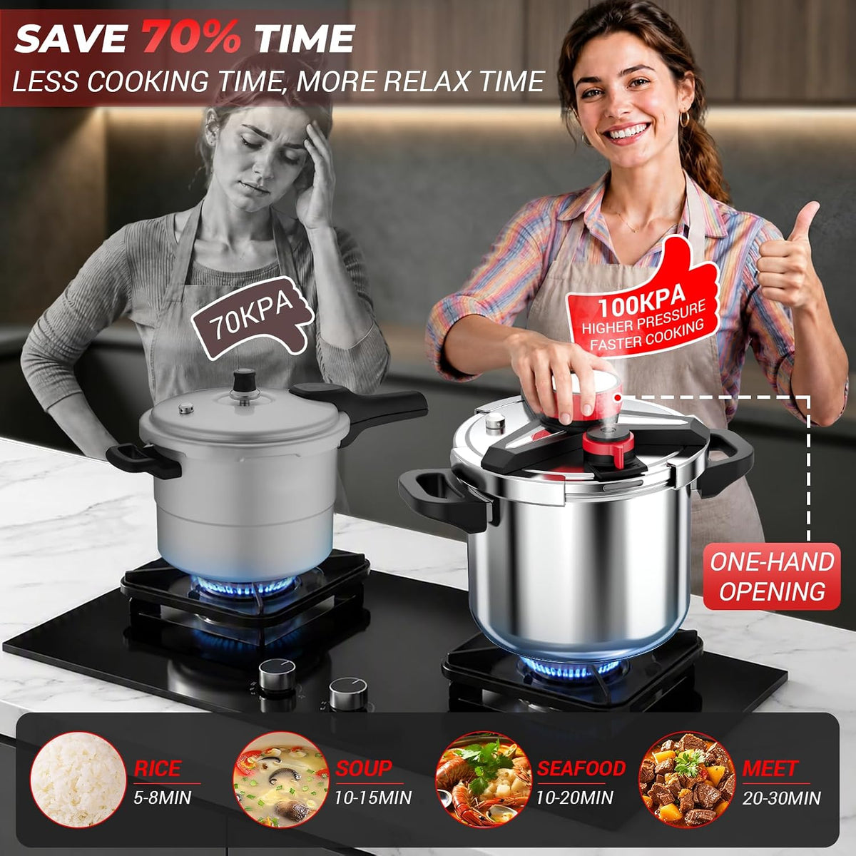 [3-IN-1] 18/8 Stainless Steel Pressure Cooker 8 Quart [Save 70% of time ]