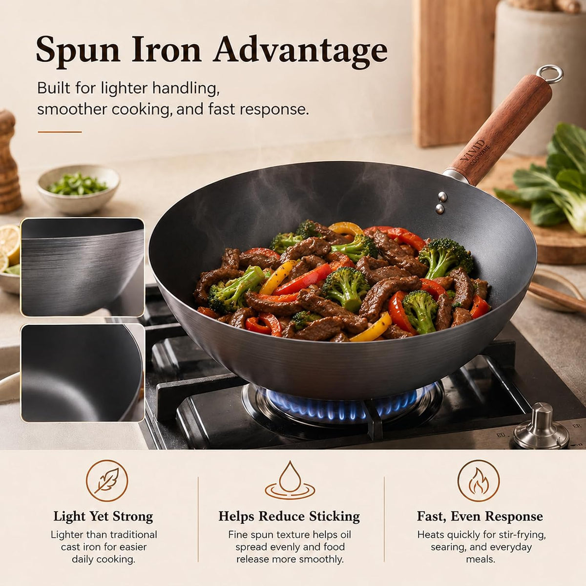 10.2-Inch Carbon Steel Wok Frying Pan with Lid, Flat Bottom