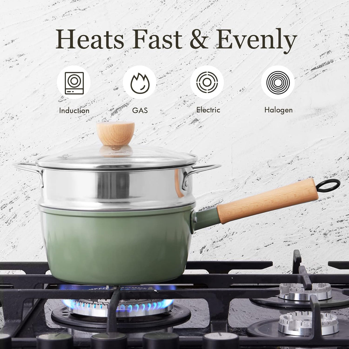 ROCKURWOK Ceramic Nonstick Sauce Pan with Steamer, 2.5QT Cooking Pot, Green