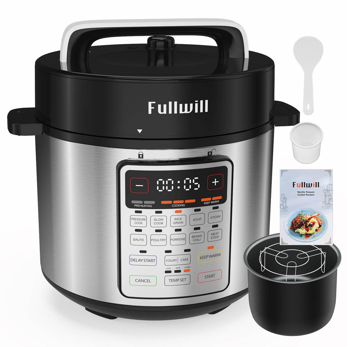 Fullwill Electric Pressure Cooker 6QT Dual Pots, 12 in 1 MultiFunction Cooker with 304 Stainless Steel & Ceramic Pots, Pressure Cook, Soup, Porridge, Yogurt, Meat Stew, Rice, Poultry, Beans and More