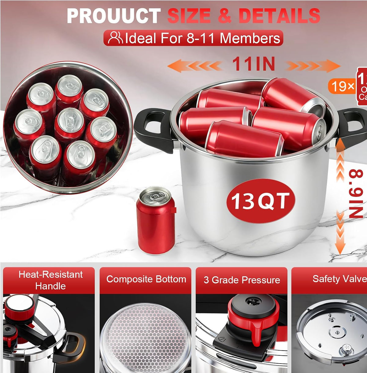 [3-IN-1] Pressure Cooker 12 Quart, 18/8 Stainless Steel Pressure Canner