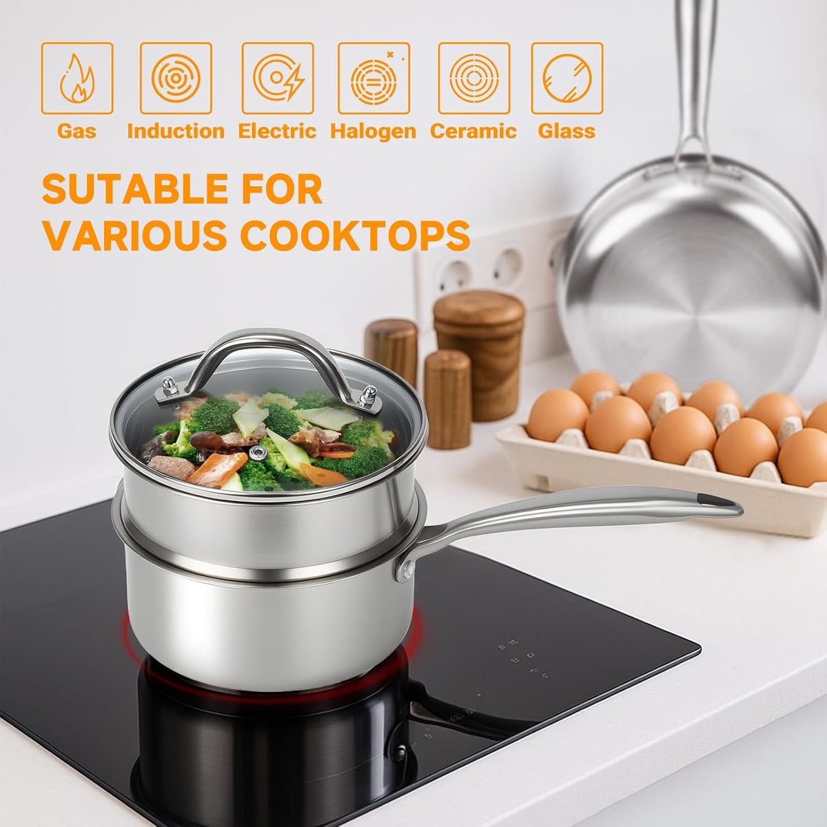 Ohtomber 1.5 Qt Tri-Ply Stainless Steel Saucepan with Steamer Basket & Lid
