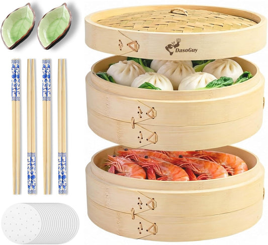 Deep Bamboo Steamer Basket Set 10 Inch 2-Tier Dumpling Steamer for Cooking