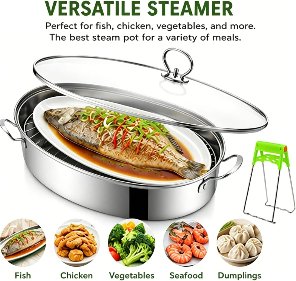 Stainless Steel Fish Steamer Set,Multi-Use Oval Steamer Pot with Glass Lid Rack, Ceramic Plate, Chuck, Steaming Pot for Fish, Oyster,Boiling Soup 15 x 9.8 inches