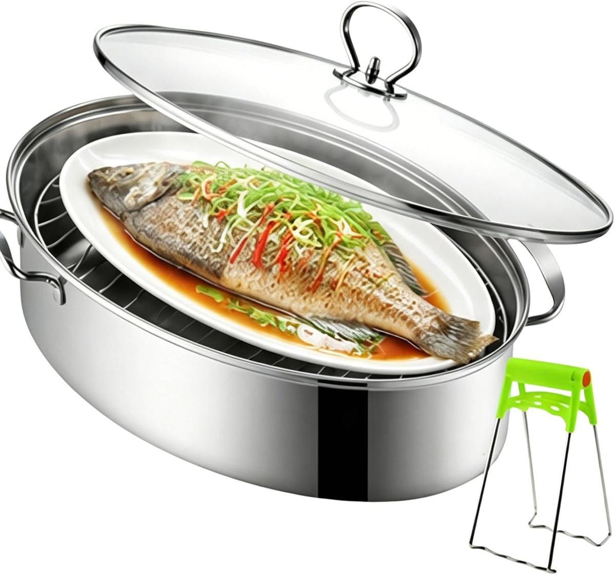 Stainless Steel Fish Steamer Set,Multi-Use Oval Steamer Pot with Glass Lid Rack, Ceramic Plate, Chuck, Steaming Pot for Fish, Oyster,Boiling Soup 15 x 9.8 inches
