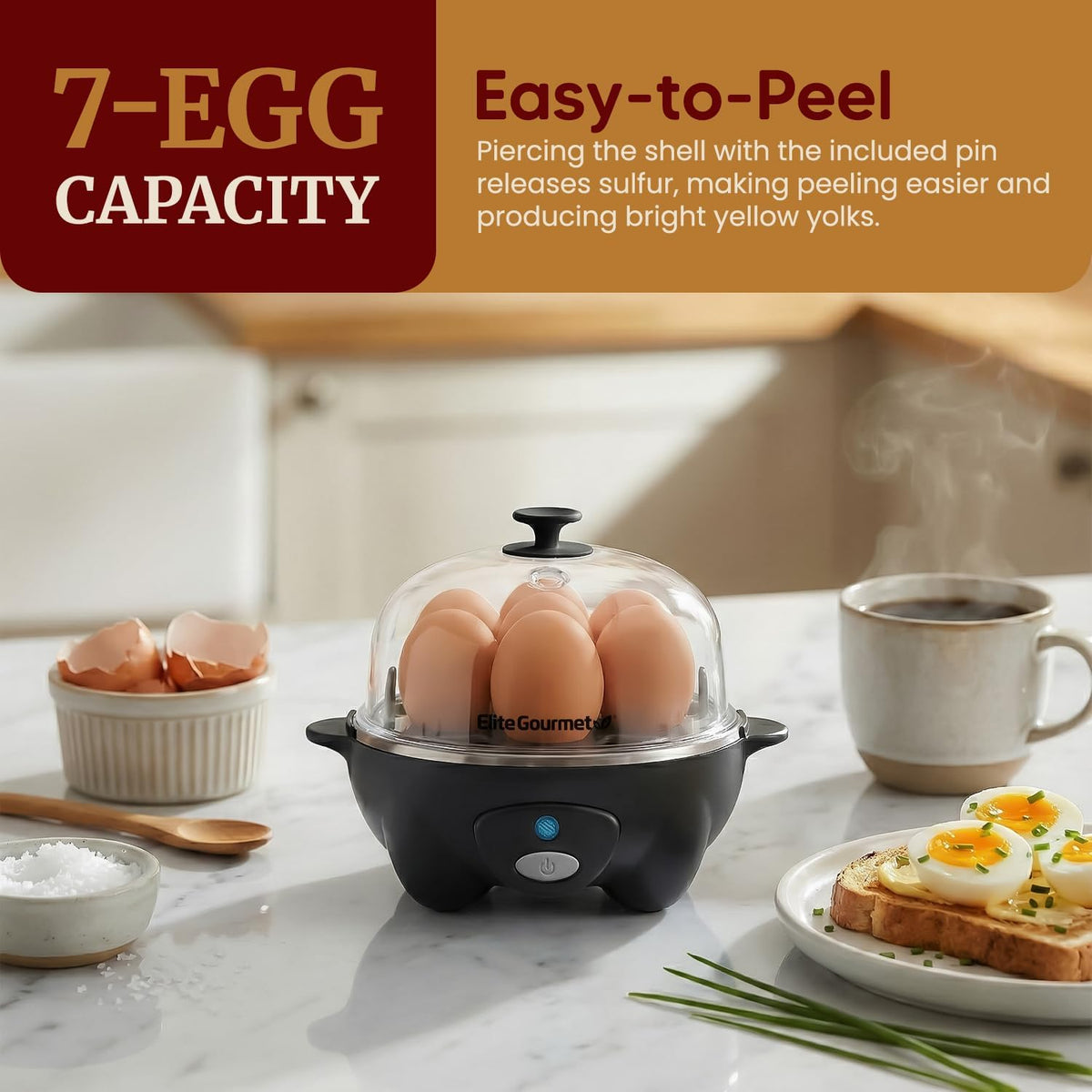 Elite Gourmet 7-Egg Rapid Egg Cooker, Poacher/Omelet Maker, Auto Shut-Off