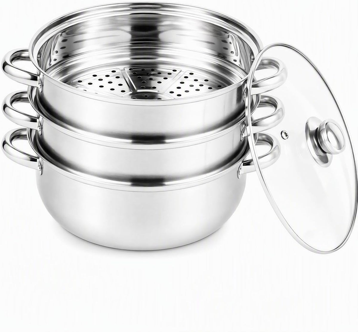 3-Tier Stainless Steel Steamer for Cooking, 28cm Multipurpose Food Steaming Cookware with Lid, Dishwasher for Seafood Vegetables Rice Compatible with Gas Electric Induction & Halogen Stoves