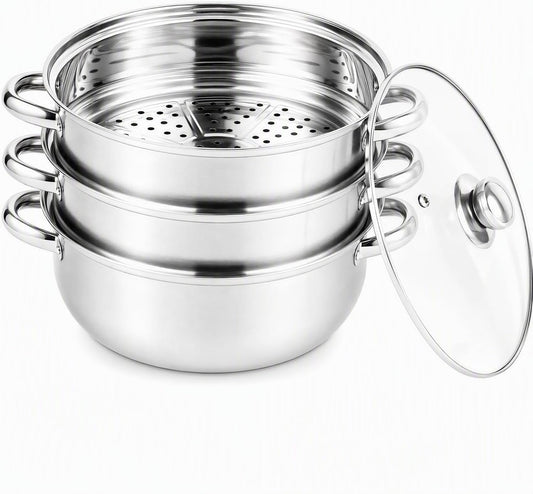 3-Tier Stainless Steel Steamer for Cooking, 28cm Multipurpose Food Steaming Cookware with Lid, Dishwasher for Seafood Vegetables Rice Compatible with Gas Electric Induction & Halogen Stoves