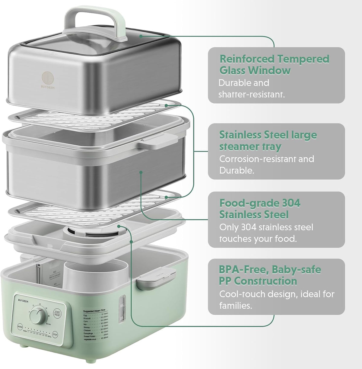 BUYDEEM G52 10.6Qt Electric Food Steamer for Cooking, Cozy Greenish
