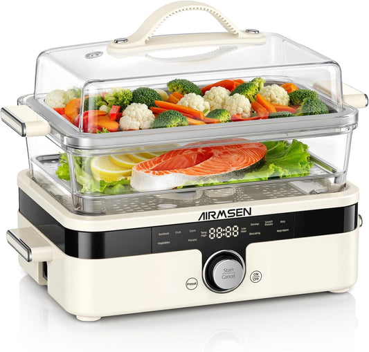 AIRMSEN Glass Food Steamer for Cooking | 8.5QT 2-Tier & External Water Tank