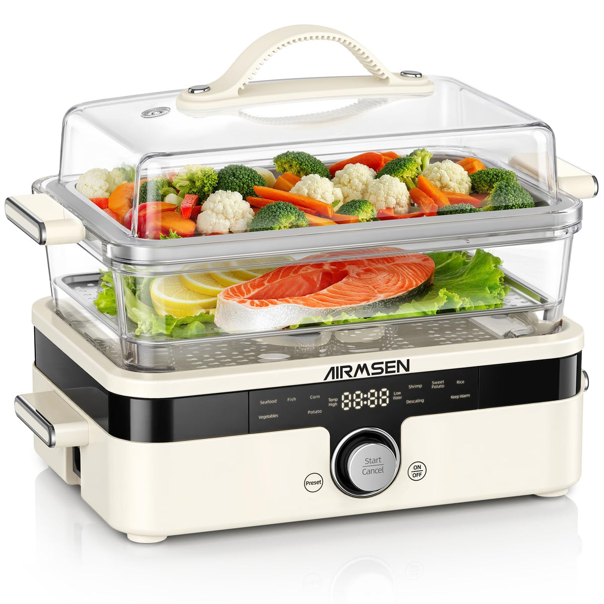 AIRMSEN Glass Food Steamer for Cooking | 8.5QT 2-Tier & External Water Tank