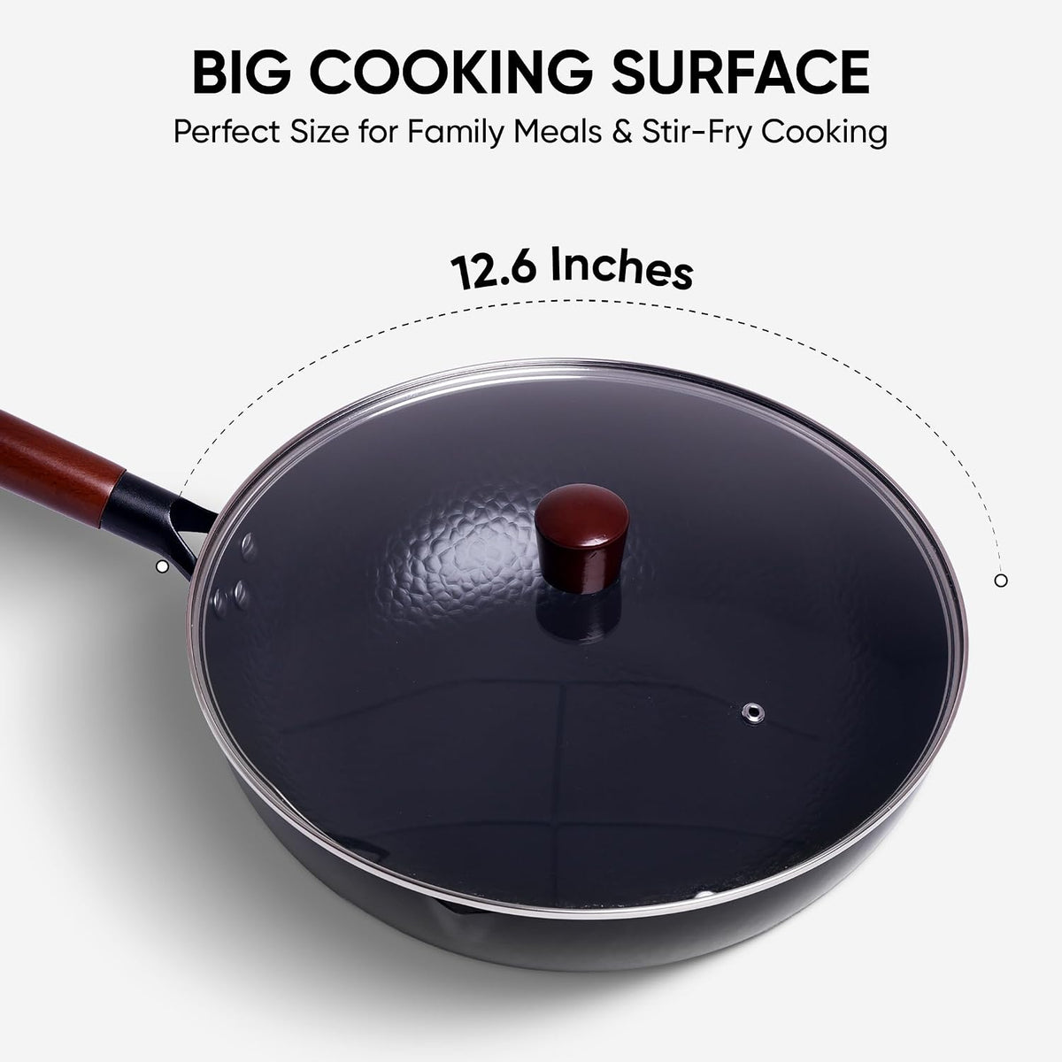 12.6 Inch Carbon Steel Wok Pan with Glass Cover, Pre-Seasoned Flat Bottom Wok for Chinese Cooking, Woks & Stir-Fry Pans Cookware, Compatible with Induction, Electric, Gas & Halogen