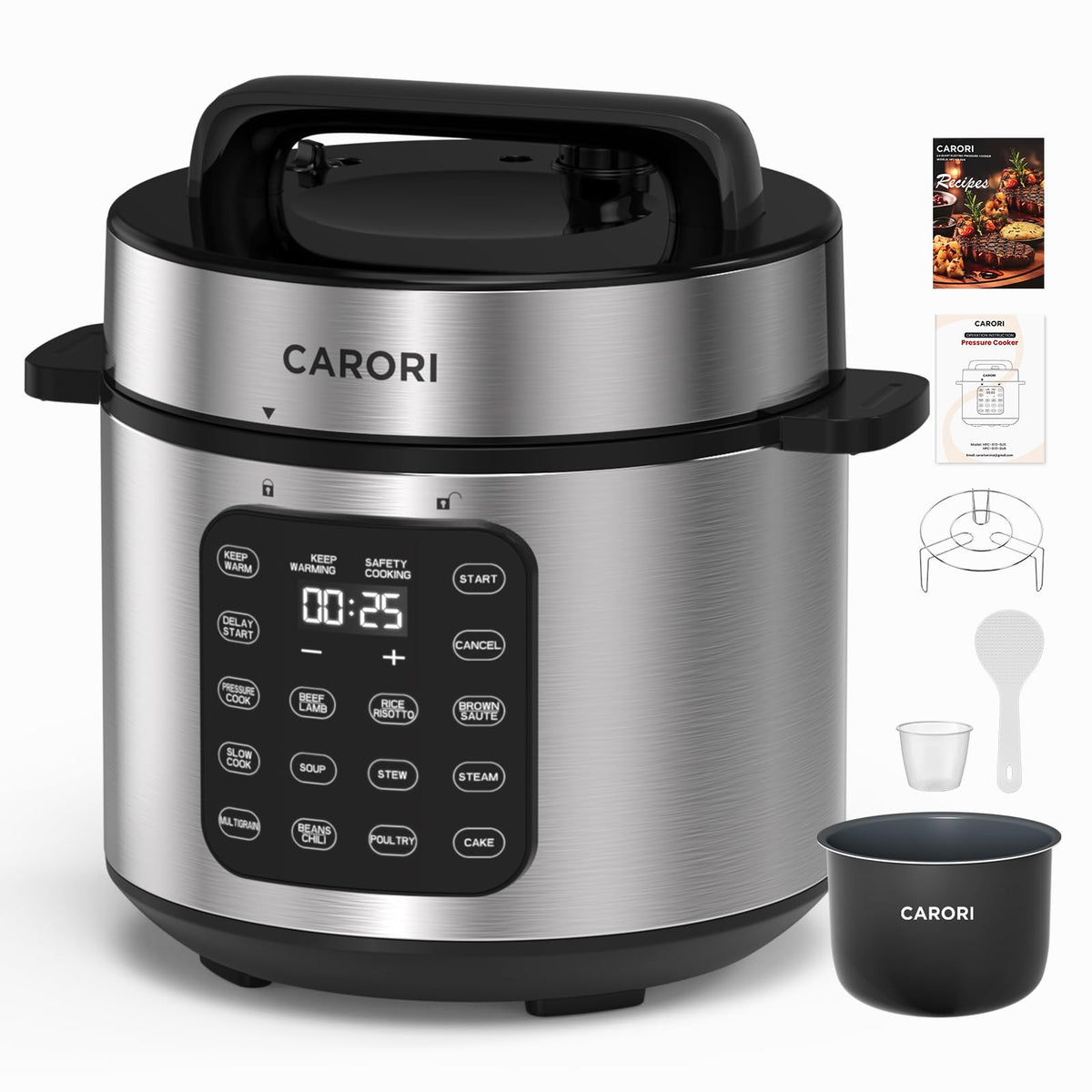 CARORI 3 Qt Electric Pressure Cooker, 8-in-1 Compact Multi-Cooker with Ceramic Nonstick Pot, 700W, Sauté, Slow Cook, Rice, Stew, Delay Start, Keep Warm, Gray