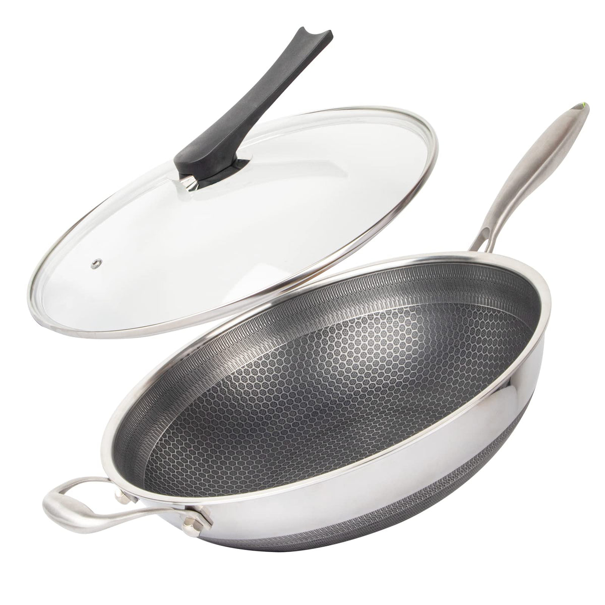 14" Honeycomb Non Stick Wok Pan Stainless Steel Stir-fry Wok with Lid,Skillet with Stay-cool Handle PFOA Free Suitable for Induction, Ceramic, Electric, and Gas Cooktops (Sliver, 14 Inches)
