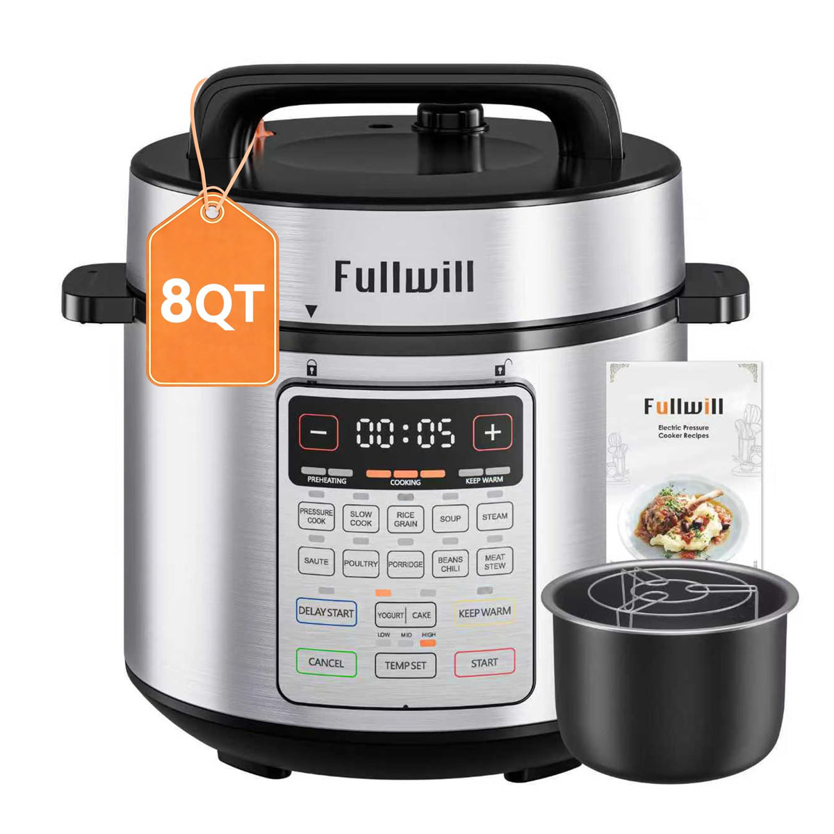 Fullwill Electric Pressure Cooker 6QT Dual Pots, 12 in 1 MultiFunction Cooker with 304 Stainless Steel & Ceramic Pots, Pressure Cook, Soup, Porridge, Yogurt, Meat Stew, Rice, Poultry, Beans and More